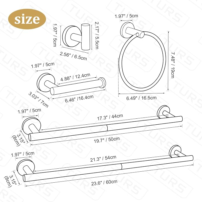 TURS Brushed Gold 8 Piece Bathroom Hardware Set, SUS304 Stainless Steel 24 Inch and 20 Inch Bath Towel Bar Set, Round Bathroom Accessories Kit Wall Mounted