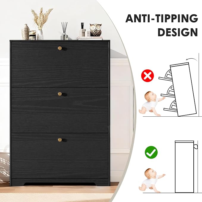 Nicetree Shoe Cabinet with 3 Flip Drawers, Entryway Shoes Organizer, Black | Narrow Shoe Organizer, Freestanding Shoe Rack Cabinet, Modern Shoe Storage Cabinet for Entryway, Hallway, Foyer, With Hook