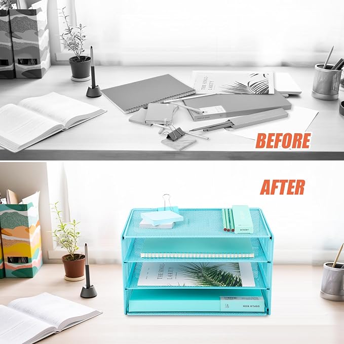 Paper Organizer Tray, 3 Tier Mesh Desk File Organizer Letter Sorter Holder for Home Office, Blue
