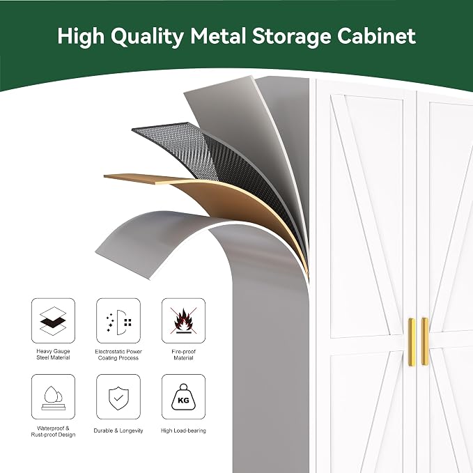 Bevivog 71" Kitchen Pantry Cabinet, Metal Storage Cabinet with 2 Doors and 4 Adjustable Shelves, Farmhouse Tall Food Cabinet Pantry Shelves Storage for Kitchen, Home Office, Living Room, Laundry