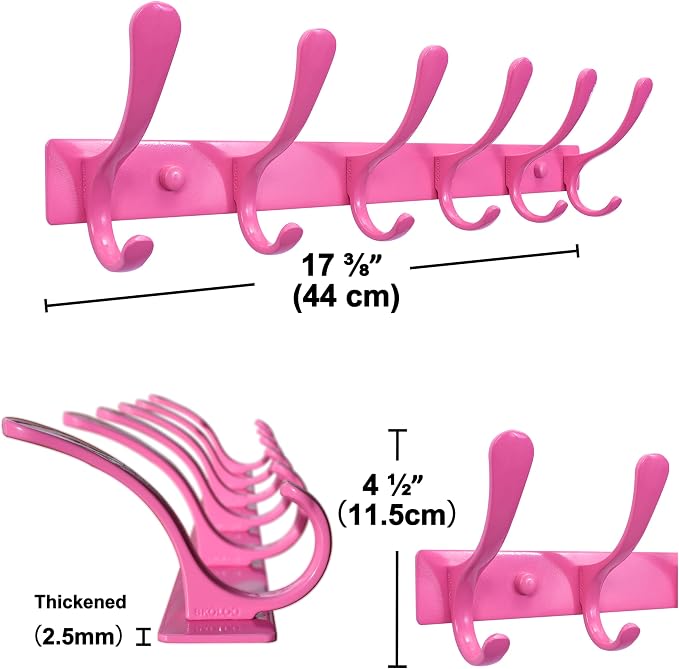 SKOLOO Wall Mounted Coat Rack - 6 Hooks, Pack of 2, Heavy Duty, Stainless Steel, Metal Wall Hanger, Sturdy Coat Hooks for Hanging Coats, Jackets, Clothes, Hats - Pink