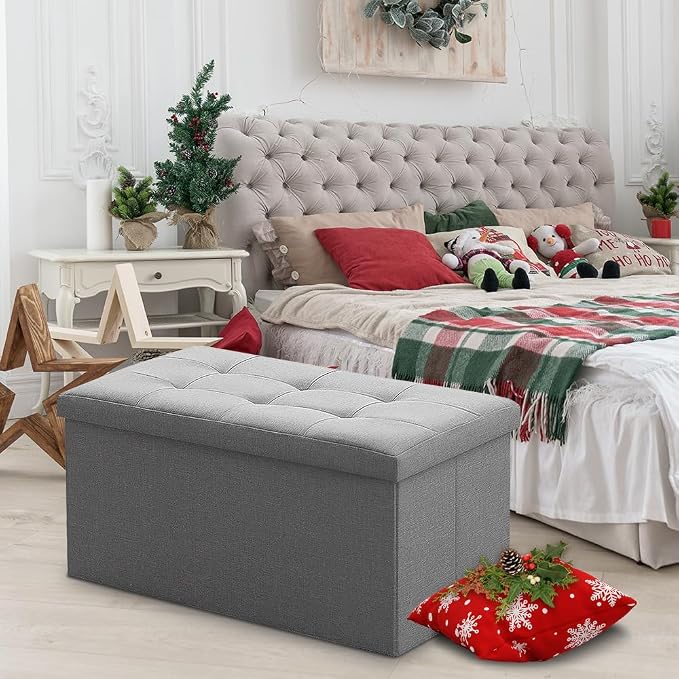 Camabel 30 Inches Folding Storage Ottoman Bench, Ottoman Foot Rest, End of Bed Bench, Storage Chest, Load 660 lb, for Living Room, Bedroom, Entryway Grey