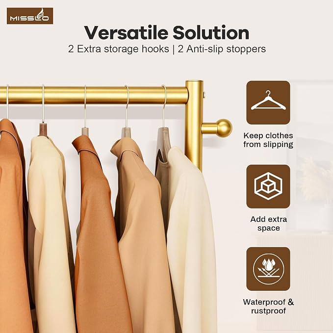 MISSLO Heavy Duty Clothes Racks for Hanging Clothes 25mm Metal Gold Clothing Rack with Shelves for Storage Rolling Garment Rack with Wheels for Bedroom, Laundry, Gold, 28" x 15.5" x 60"