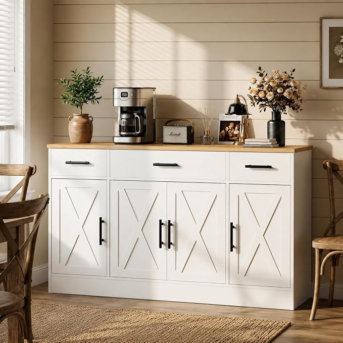 Buffet Cabinet with Storage, 53" Farmhouse Buffet Cabinet with 4 Doors and 3 Drawers, Sideboard Small Storage Cabinet with Adjustable Shelf, for Kitchen, Dining Room & Living Room, White&Yellow