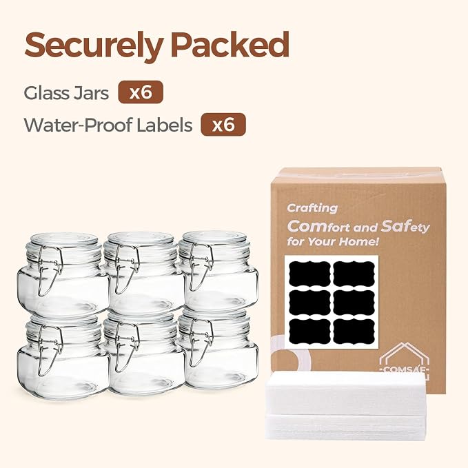 ComSaf Square Small 17 oz Glass Jars with Airtight Lids 6 Pack Wide Mouth | Overnight oats, Jam pickling, Spice storage, Gift jars, Sourdough pickling, Pantry organization, Jam jelly honey, Snacks