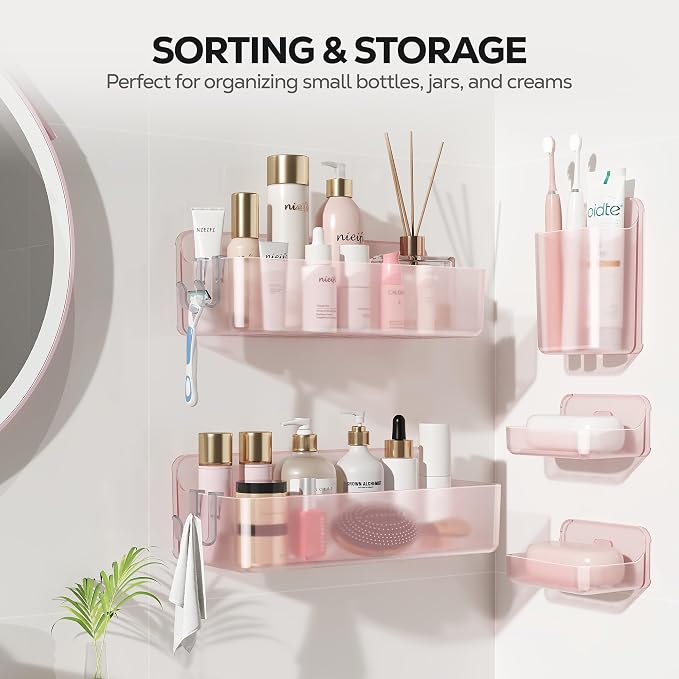 Nieifi Adhesive Shower Shelves, Pink, 5 Pieces | Rustproof ABS, Large Capacity, Removable Design, Easy-Clean, No Drilling Shower Organizer for Bathroom Storage & Home Decor