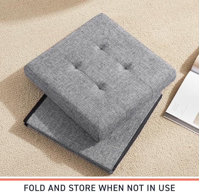 Ornavo Home 15 Inch Folding Storage Ottoman Cube, Tufted Linen, Gray | Upholstered Cube with Lid; Foot Rest Stool; Ideal for Bedroom, Living Room or Entryway