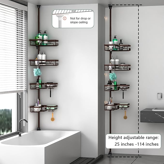 DAOYA Corner Shower Caddy Tension Pole Bronze Tension Rod Shower Organizer | 4-Tier Stainless Steel Showe Shelf, with Soap Holders & Side Hooks, for Bathroom/Tub, Adjustable 25-114inch, Space Saving