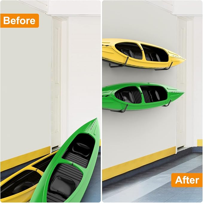 WALMANN Lightweight Kayak Storage Rack, Wall Mount Kayak Hooks for Garage Utility Storage Hangers for Canoe, Surfboard, Skiis, Snowboard, Paddle Board, Ladders (Pack of 2)