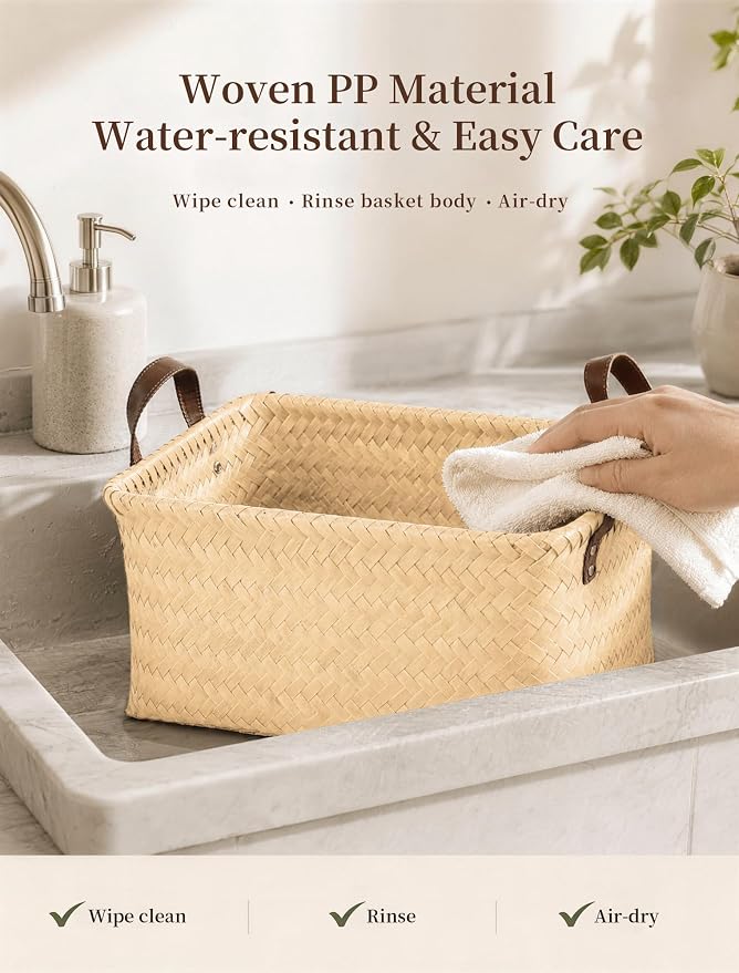 Wicker Storage Baskets, 4 Pack Woven Baskets for Shelves, Yellow | PP Rattan, Water-resistant Wicker Basket, Large Baskets with Faux Leather Handles for Blanket, Laundry Organizer, Room Decor