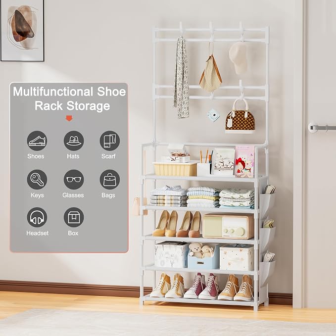 Shoe Rack 5 Tier Shoe Organizer Storage 15-20 Pairs for Closet Entrance | Stackable & Detachable Shelf with Hooks and Side Pocket Entryway Shoe Holder Space Saving Closet Organizers and Storage
