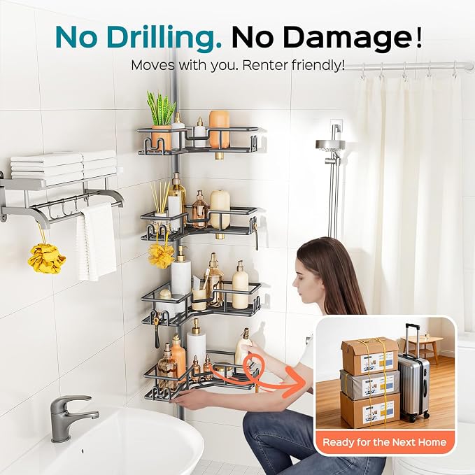 HAMITOR Adjustable Bathroom Storage, 4-Tier Tension Pole Shower Caddy, Gray | Rustproof Floor-To-Ceiling Tension Mounted Shampoo Organizer, No Drilling, Space-Saving Home Essentials For Renters 47-123in
