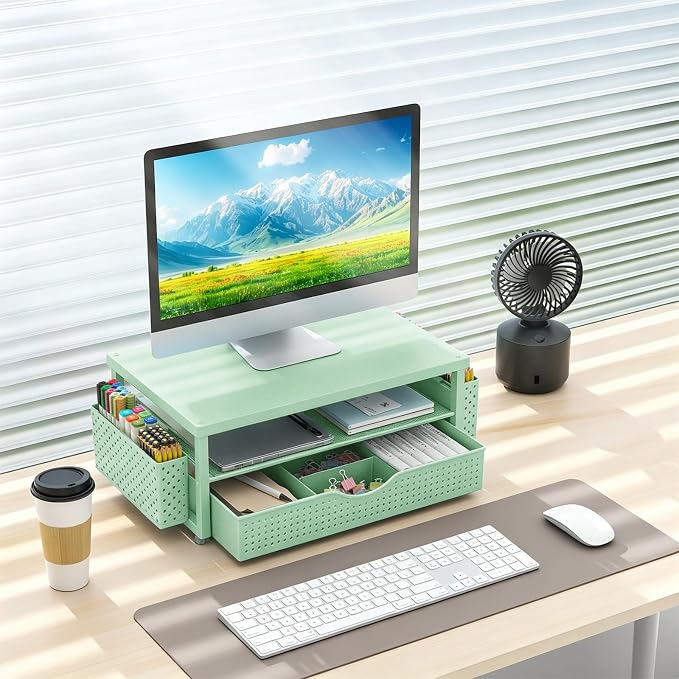 gianotter Desk Organizers and Accessories, Monitor Stand with Drawer and 2 Pen Holder, Desktop Organizer Suitable for Offices and Dormitories (Sage Green-Plain)