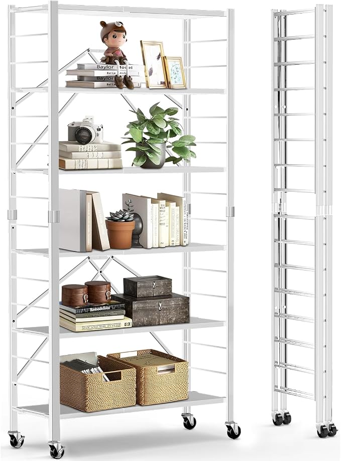 Himix 6-Tier Foldable Storage Shelves Expandable Shelf Wheels White 2-in-1