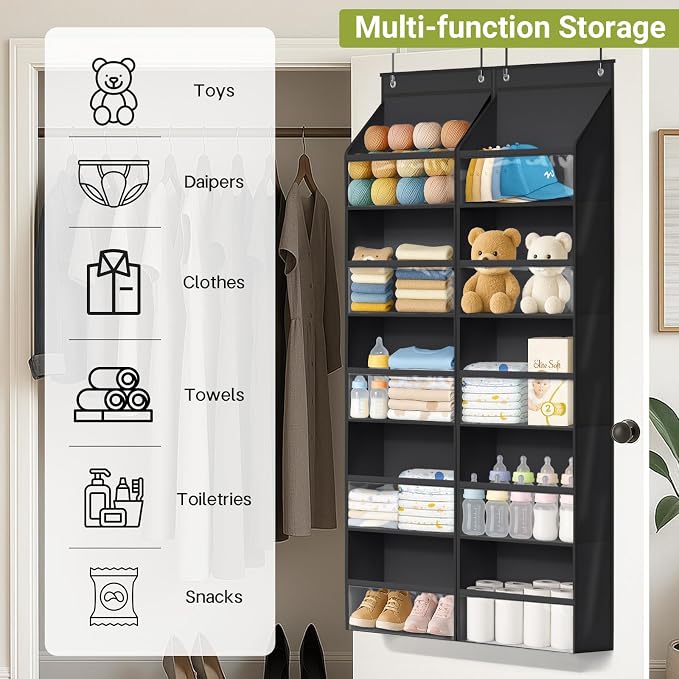 AOODA 2 Pack Over the Door Organizer, Large Capacity Closet Door Hanging Organizer, Clear Deep Pockets Baby Storage for Nursery, Bathroom, Bedroom, Pantry, Diapers (Black)