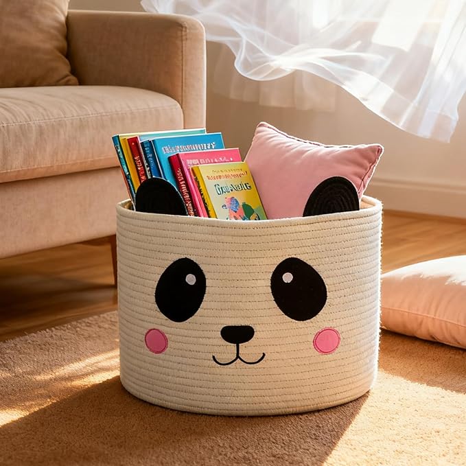 VK VK·LIVING Panda Storage Basket for Gift Foldable Cute Nursery Animal Toy Basket with Handles, Large Cotton Rope Baby Laundry Storage Organizer for Blankets Towels in Living Room Bedroom 15"D x 14"H