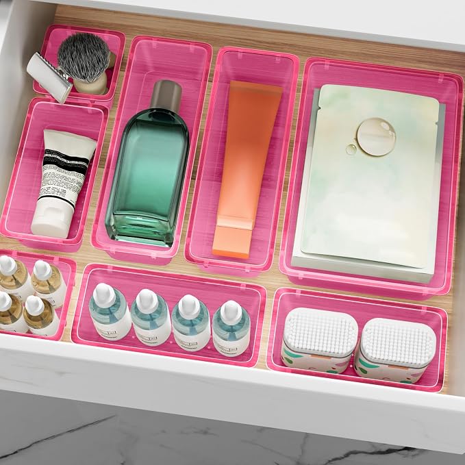 12 PCS Drawer Organizer Set, Makeup Organizers, Tool Storage Trays, Pink | 4 Sizes, Plastic, Stackable, Multiple Gadgets, Desk Drawer Divider Organizers, for Makeup, Office Supplies Storage
