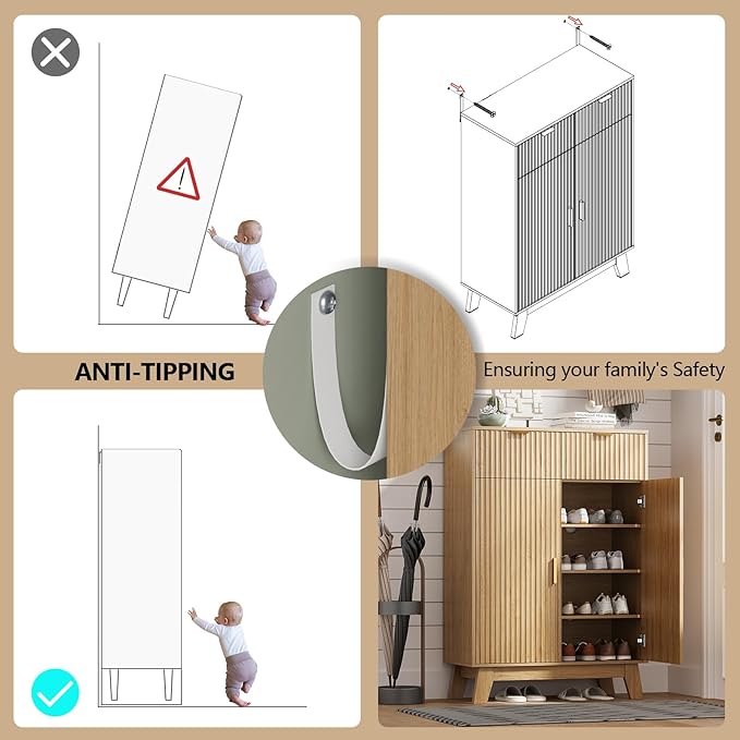 HUANLEGO Shoe Cabinet Storage for Entryway with Doors, Oak | 4 Tier Fluted Shoe Organizer with 2 Drawers, Shoe Storage with Adjustable Shelves, Freestanding Hidden Shoe Rack for Entryway