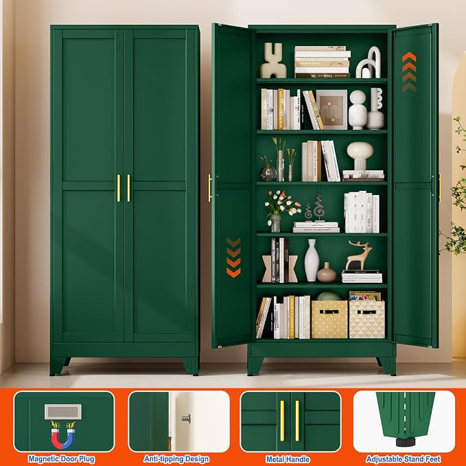 GAIOUS 75'' Tall Metal Garage Storage Cabinet,File Cabinet with Door and Adjustable Shelves, Outdoor Steel Tool Cabinet for Home,Office,Warehouse,Garage,Green