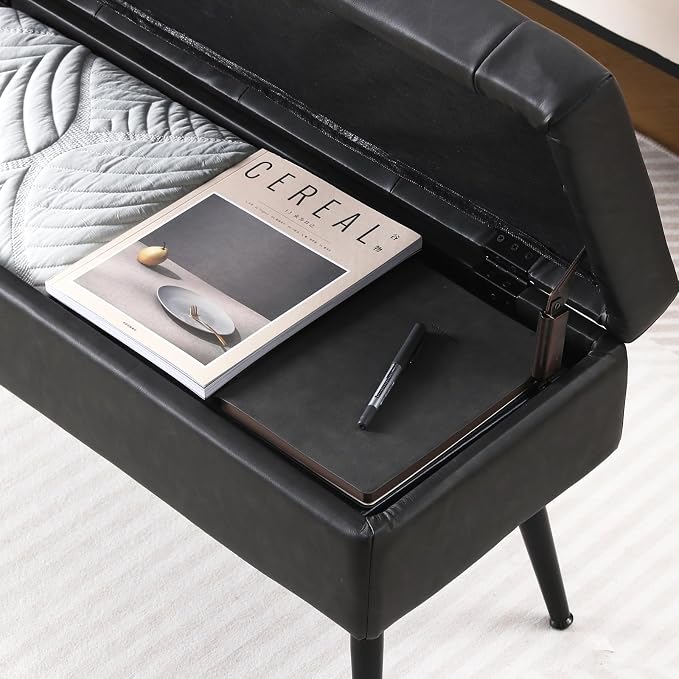 Ottoman with Storage Bench, Upholstered Large Entry Bench Brown | 43.3" Mid-Century Modern End of Bed Bench w/ Flip-Lid Metal Legs Padded Seat for Living Room Bedroom Entryway, Faux Leather