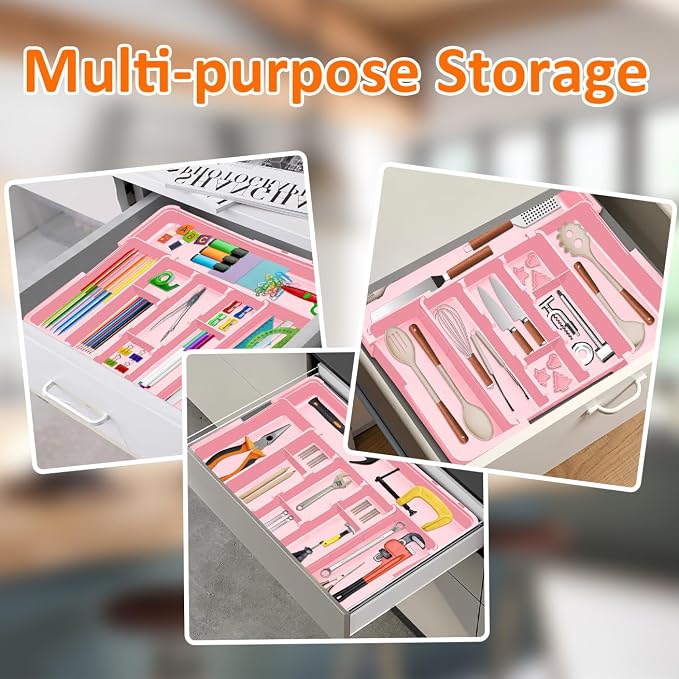 Spaclear Large Utensil Drawer Organizer Expandable Silverware Organizer for Kitchen Drawer Adjustable Cooking Utensil Holder Cutlery Flatware Tray Spatula Tools Gadgets Storage Dividers Plastic Pink