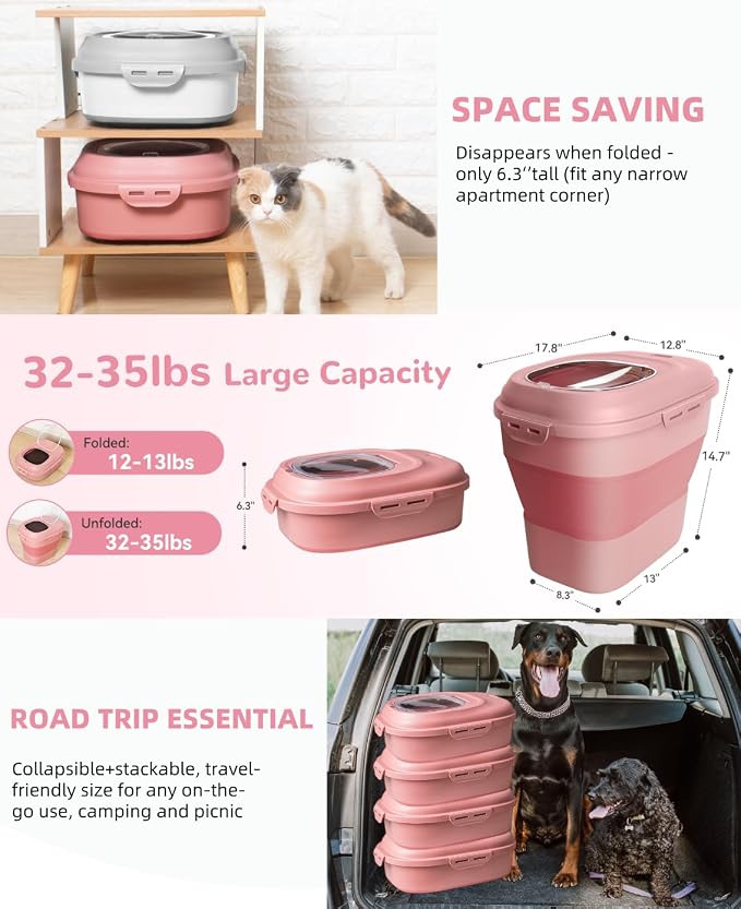 30-35Lbs Airtight Dog Food Storage Container,Collapsible Dog Food Container | Large Pet Food Storage Container with Double Airtight Seal & Magnetic Lid,Dog Food Bin with Wheels,2Pcs Containers,Scoop,Pink