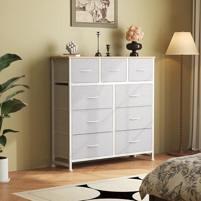 OLIXIS 9 Drawer Tall Dresser for Bedroom, Closet Organizers and Storage | Fabric Dresser with Wooden Top, Chest of Drawers for Clothes Storage, Tower Cabinet, Furniture, TV Stand, Light Grey