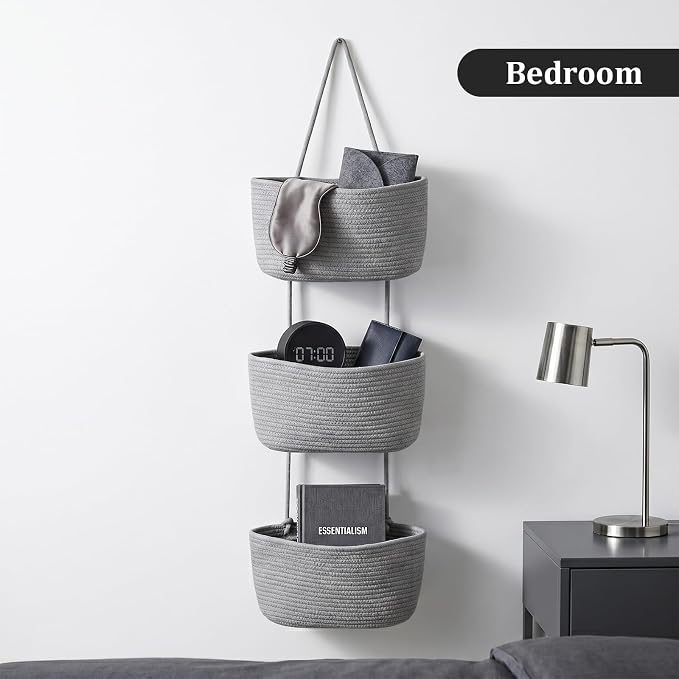 TeoKJ Over the Door Hanging Basket, 3-Tier Woven Cotton Wall-Mounted Storage Organizer Bag Decorative Hanging Nursery Baskets, Gray