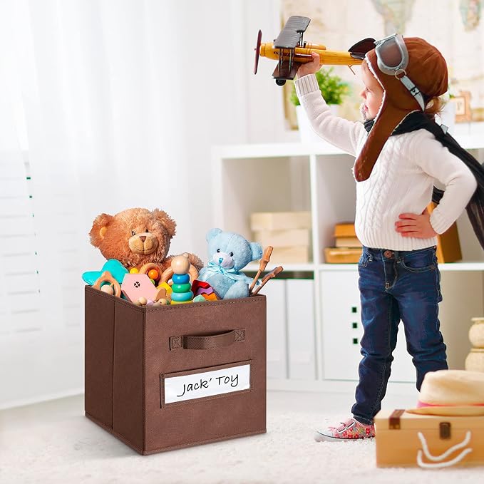 11 Inch Storage Cube,Storage bin,cube storage (Set of 10) Foldable Fabric Cube Storage Bins with 10 Labels Window Cards & a Pen,Baskets Containers for Shelves,Closet Organizers Box,Brown