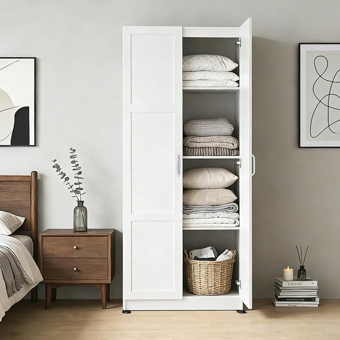 DUMOS Tall Storage Cabinet with Doors and Shelves, Kitchen Pantry Cabinet | 71'' Wood Storage Freestanding Wooden Cabinets for Bedroom, Pantry, Home Office, Dining Room & Living Room, White