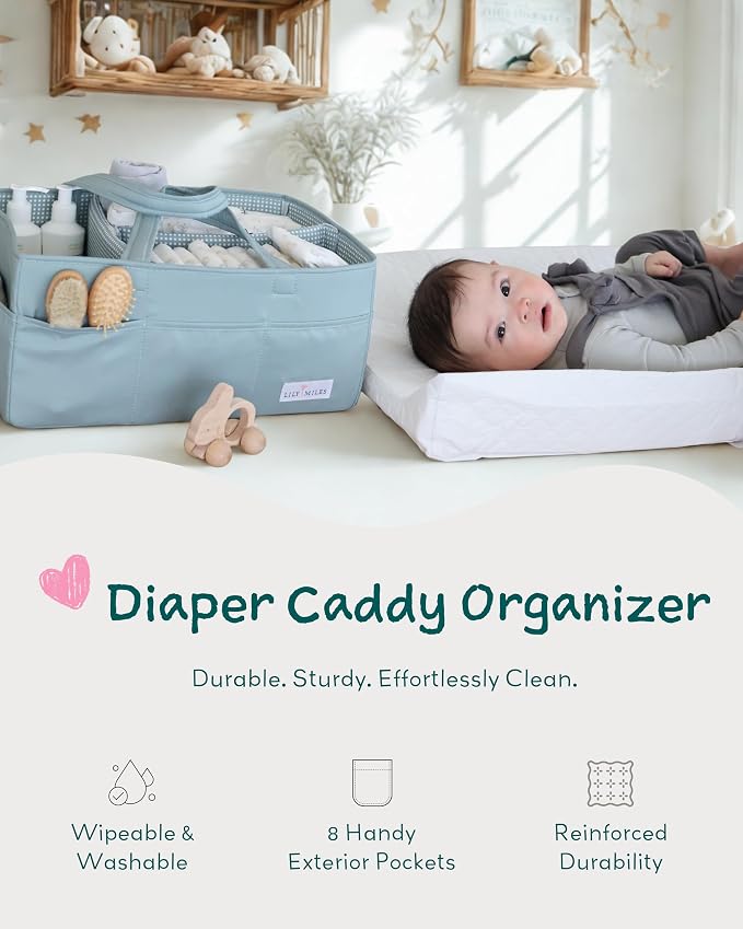 Baby Diaper Caddy Organizer, Wipeable Diaper Organizer Basket with 8 Pockets for Newborn Essentials, Nursery Tote Bag for Changing Table & Car Organization (Willow Green, Large)