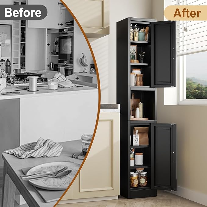 Tall Metal Narrow Bathroom Storage Cabinet 67" H, Tall Black Pantry Cabinets with 4 Adjustable Shelves and 2 Doors for Kitchen, Home Office, Living Room, Dining Room(11.8 inches Wide)