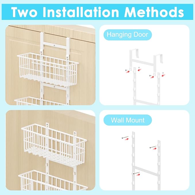 Hongtamoya Over The Door Organizer, Hanging Door Organizer with 5 Metal Baskets, Behind The Door Storage for Pantry Closet Bedroom Bathroom Cabinet Kitchen, White