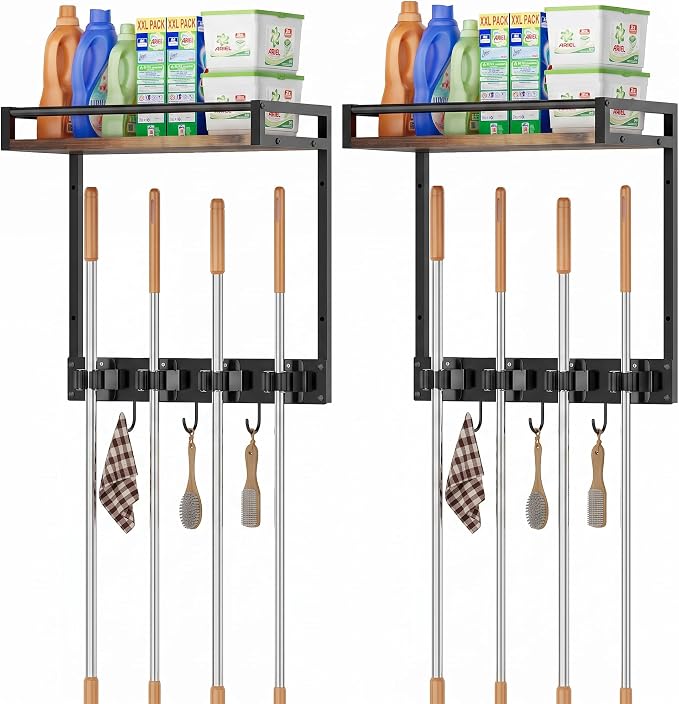 Broom Holder Wall Mount with Shelf, 15.7" Wx6.7 Dx15.7 H, 2 Packs | Load 66LBS, 4 Mop Hanger Grippers, 3 Hooks, for Laundry Room, Garage, Utility Closet, Kitchen