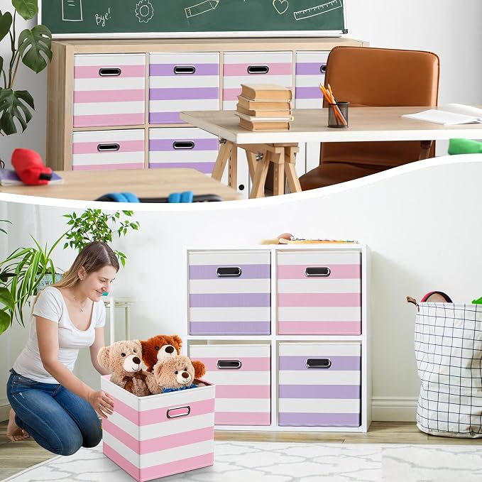 CroBlissful 11 Inch 6 Pack Fabric Storage Cubes with Metal Handles, Back to School Collapsible Organizer Bins for Classroom, Closet, Student Room, Toys and School Supplies (Purple and Pink)