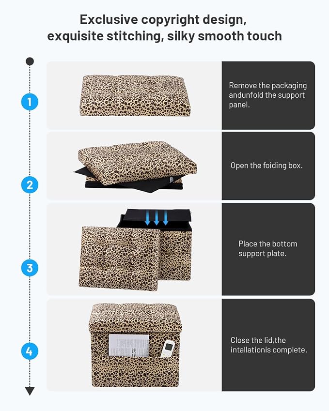 Bsketa Storage Ottoman Bench, 17" Folding Velvet Foot Rest,Leopard Print | Small Ottoman with Side Pockets, Thicker Foam Padded Seat, Livingroom, Dorm, Bedroom, Easy to install, 43L,17x13x13in