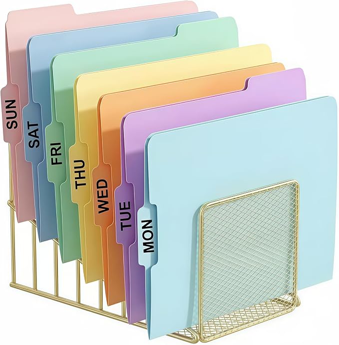 2 pcs Incline File Sorter, 7 Slot Magazine Holder for Letter, Document, Folder and Book, Metal Desktop Organizer Rack for Home, School and Office (2-gold)