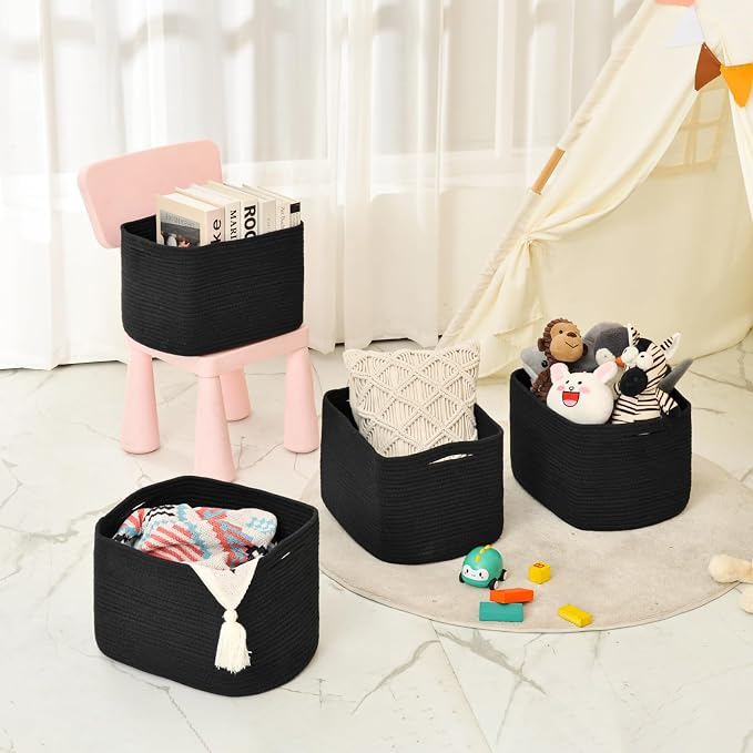 ICERZCZ Storage Baskets for Organizing & Shelves, Woven Cotton Rope Organization Bins for Dog Toys, Clothes, Books, Nursery Organizer, 15" Lx11''Wx9.5''H, (4 Packs) Black