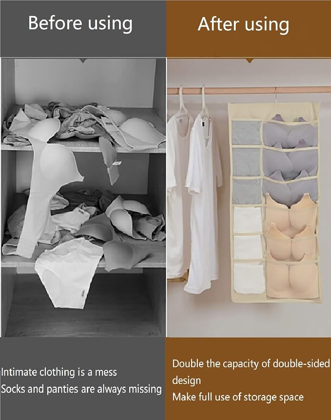 Closet Hanging Organizer with Mesh Pockets & Rotating Metal Hanger,Dual Sided Wall Shelf Wardrobe Storage Bags,Oxford Cloth Space Saver Bag for Bra Underwear Underpants Socks (white)