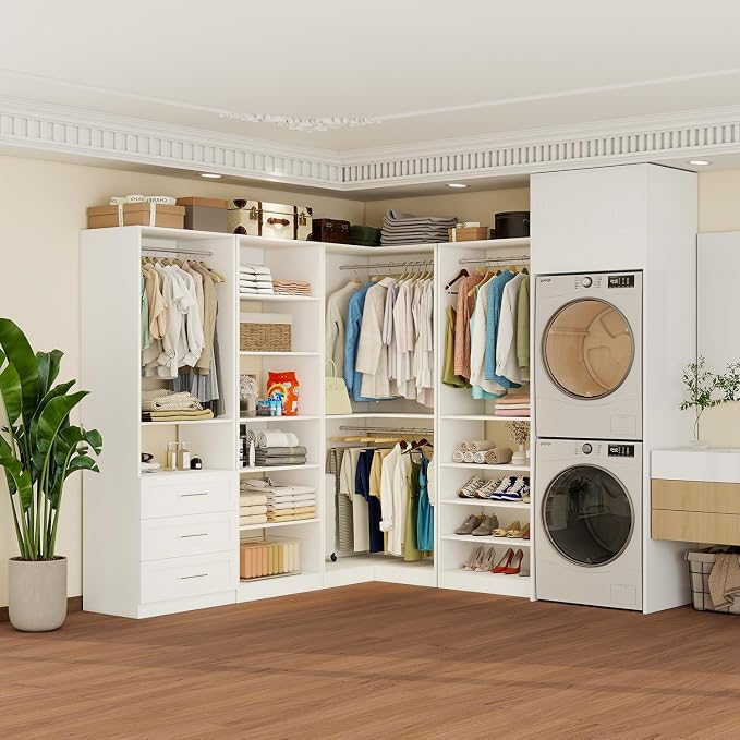 Closet System with 3 Drawers, 8FT Closet Organizer System with Adjustable Shelves & Expandable Hanging Rods, Corner Closet Storage Organizer, Modular Closet System for Walk-in Closet with 4 Sets,White