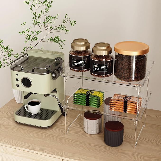 STARLATTA 2 Pcs Cabinet Organizer Shelf, Stackable Kitchen Counter Shelves, Spice Rack,Countertop Organizers, Clear Plastic Storage Shelves Rack for Makeup,Bathroom,Cupboard,Desk,Pantry Organization