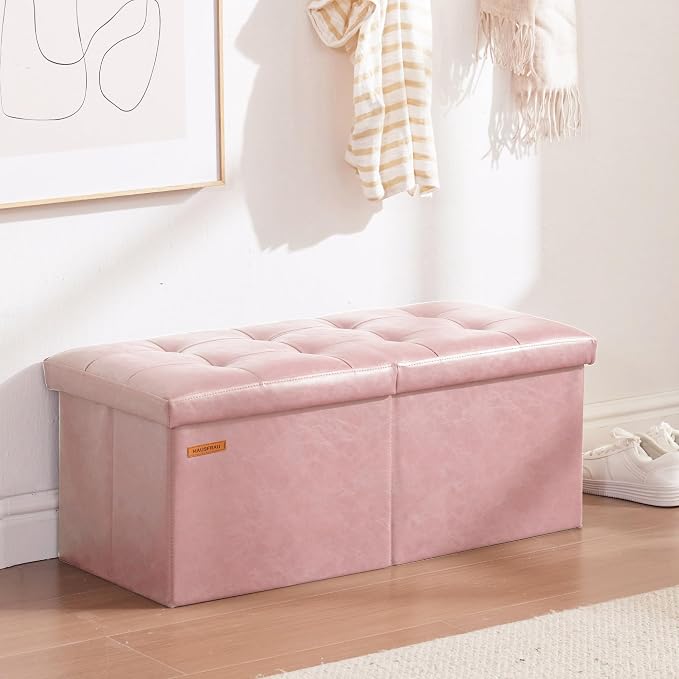 HAUSFRAU Ottoman with Storage Bench Folding Foot Rest Baby Pale Pink | 31.5", Flip Lid, Small Upholstered Foldable Footrest Footstool, Bedroom Bench, Living Room Dorm Ottoman, Faux Leather