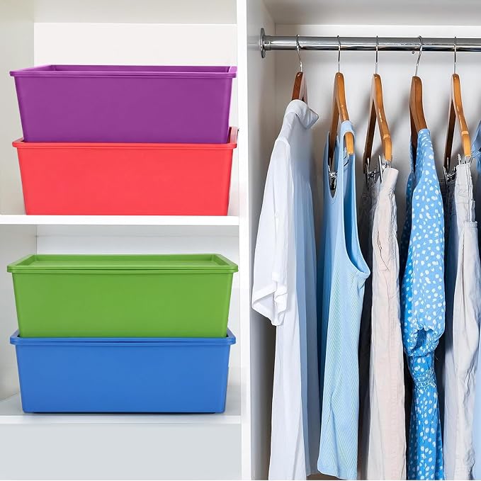 6 Pcs Large Plastic Storage Bins with Lids 14.4 x 10.4 x 5.1 Inch Stackable Storage Containers Decorative Cubby Organizer for Clothes Shelves Garage Closet Office (Colorful)