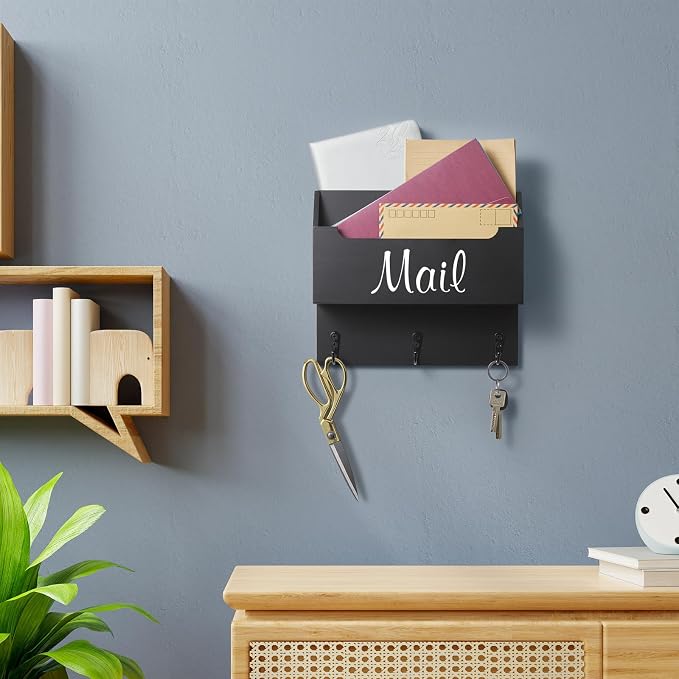 DRASTAR Mail Organizer Wall Mounted, Wooden Mail Sorter & Key Holder for Wall, Hanging Mail Organizer, Black Mail Basket for Home Office