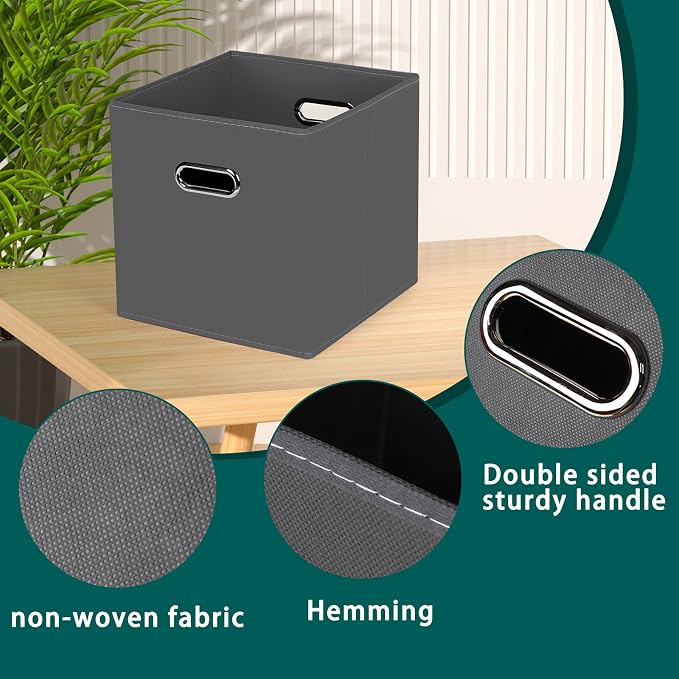 Black Foldable Storage Cubes Bins, Fabric Storage Box Cubes Organizer Baskets with Dual Handles for Home Organizer,Set of 6,(Gray)