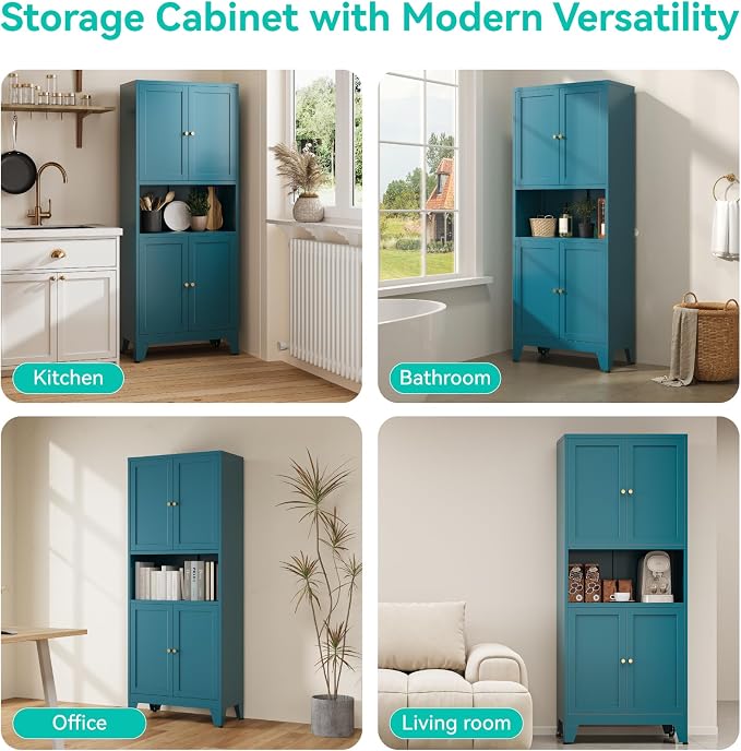 69" Tall Pantry Cabinet with Open Shelf,13.78“Deep By 28" Wide Storage Cabinet with Doors and Adjustable Shelves,Microwave Stand,for Kitchen Dining Room Living Room Bathroom,Teal Blue,1Pc