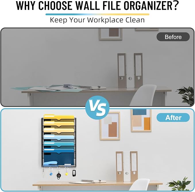 7-Tier Hanging Wall File Organizer with Hooks for Office Organization | Mesh Wall File Holder, Mail Organizer Wall Mounted for Papers, Documents, Folders and Magazines in Home Office, Classroom