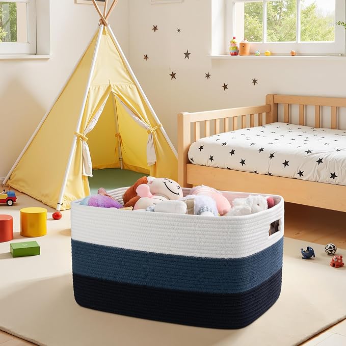 OIAHOMY Large Blanket Basket, 22”x17”x12” Rectangle Woven Baskets, Nursery Blanket Storage Living Room, Toy Storage With Handle, Large Baskets for Organizing-Gradient Blue