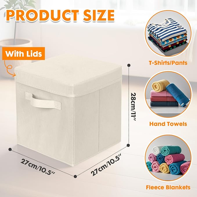ShellKingdom Storage Bins, Foldable Fabric Storage Cube with Lid for Closet | Clothes Storage Organizer Drawer For Closet Toys Storage, 10.5 X 10.5 X 11 INCH, 2 Pack (Beige)