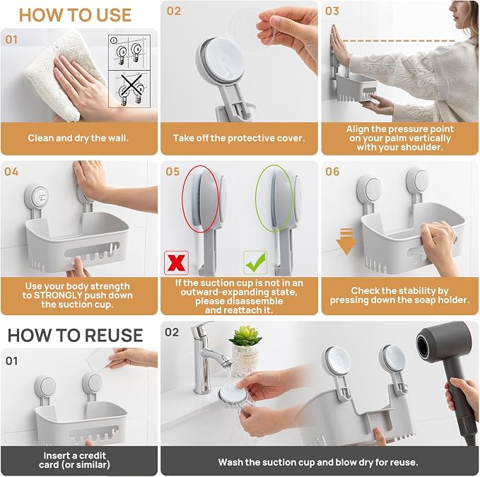 LEVERLOC Shower Caddy Suction Cup,Shower Organizer Bathroom Shelf, Grey